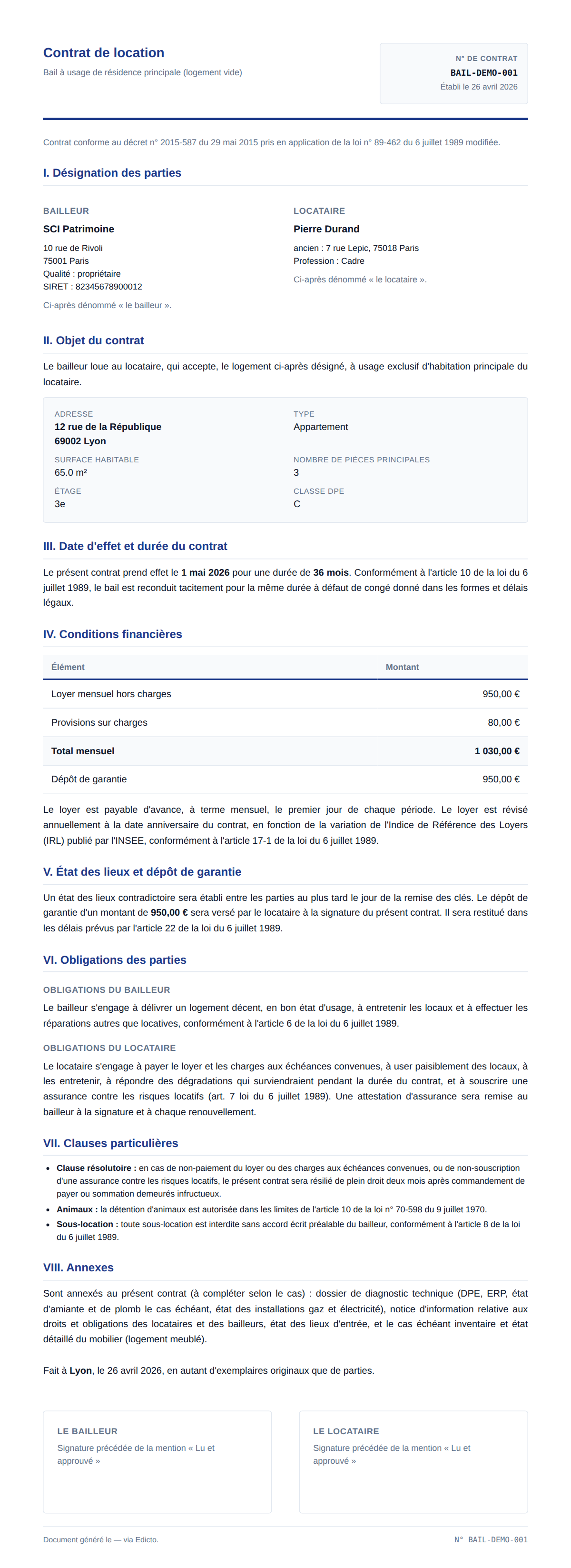 Aperçu du modèle Conforme décret 2015-587